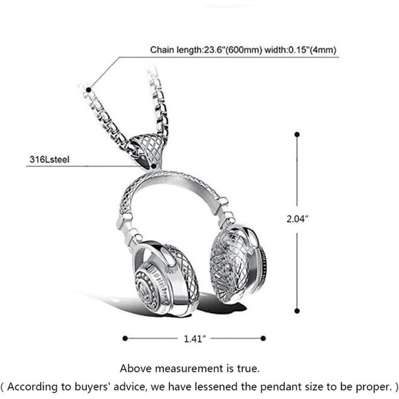 New Silver Stainless Steel Headphone Pendant Necklace for Men | DJ Music Gift - Picture 3 of 6